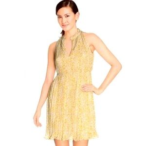 Anthropologie See You Soon Yellow Tie Waist V Neck Sleeveless Pleat Mini Dress L